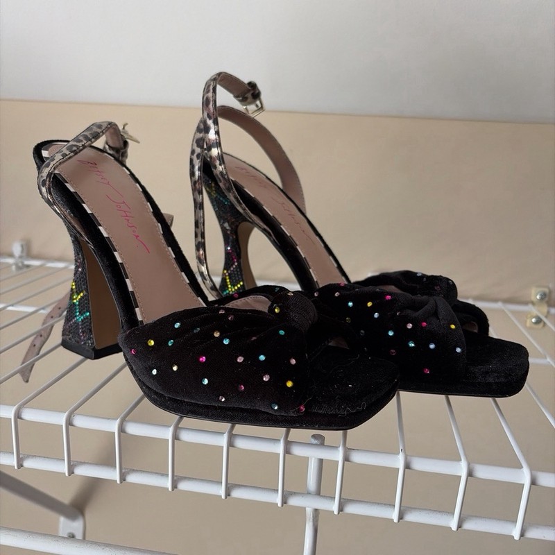 Betsey Johnson Black Faux Suede Polka Dot Bow Glitter Ankle Strap Sandals 8