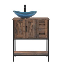 30"Freestanding Bathroom Vanity with Blue Vessel Sink - 2 Drawers, Open Shelf