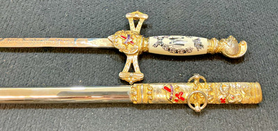 NEW LONDON REGALIA - KNIGHTS TEMPLAR MASONIC ETCHED BLADE SWORD - CHROME & BRASS
