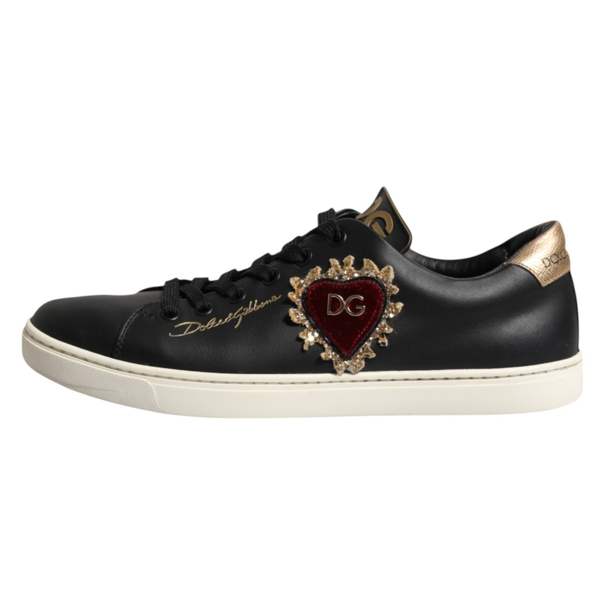 DOLCE & GABBANA Shoes Black Leather Sacred Heart Sneakers EU38