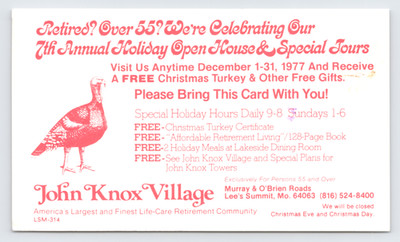 1977 John Knox Village Postal Card Lee's Summit MO Retirement Community Ad