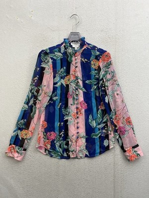 NWT Express Portofino Top Women s 2XS Slim Blue Pink Floral Sheer Artsy Career