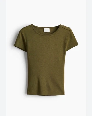 BNWT H&M olive green jumper short sleeve  gold button shoulder detail size L - Image 1 of 4