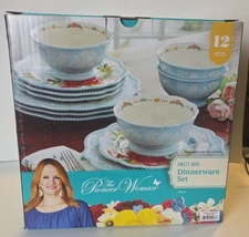The Pioneer Woman Sweet Rose Light Blue Stoneware 12Piece Dinnerware Set Durable