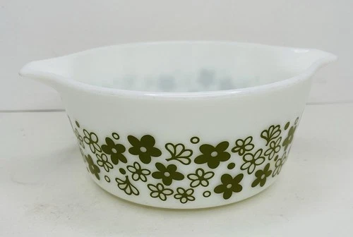 Vtg Pyrex Crazy Daisy Spring Blossom Casserole Dish White Green 474-B 1.5 Qt.
