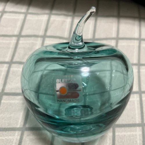 Blenko Glass Emerald Green Apple w/Clear Stem Hand Blown Paperweight w/Sticker