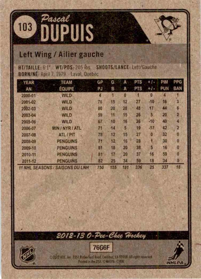 2012-13 O-Pee-Chee Pascal Dupuis #103 - Image 2 of 2