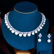 Top CZ Round Drop Pearl Tennis Necklace Earring for Fiancee Costume Jewelry Set 