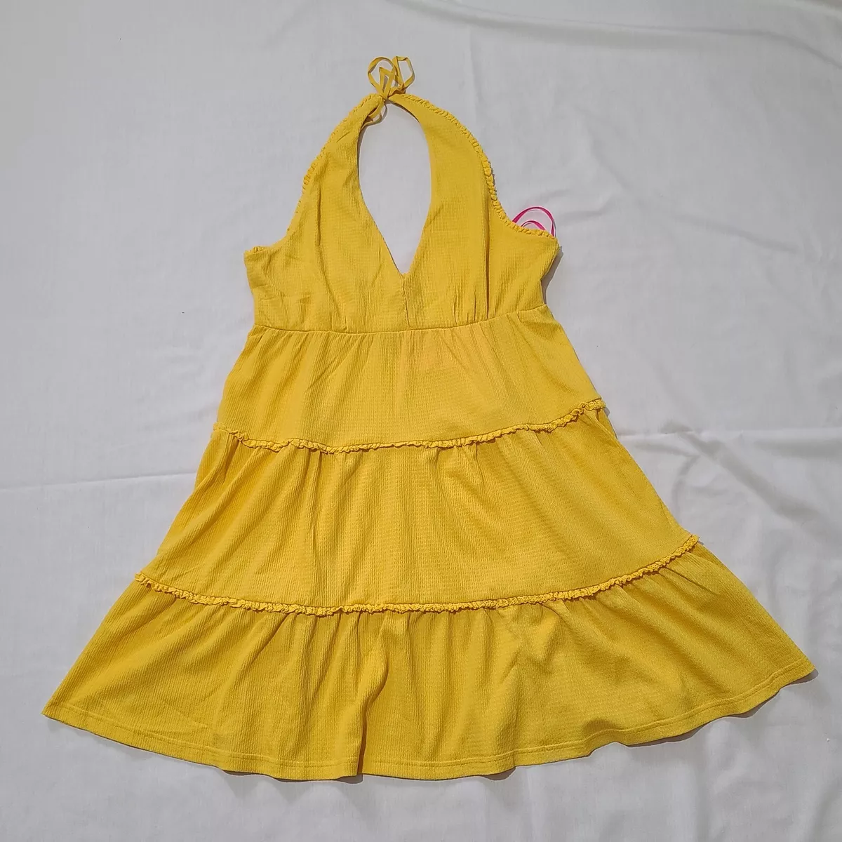 BETSEY JOHNSON Tiered Trapeze Crinkle-Knit Backless Halter Yellow