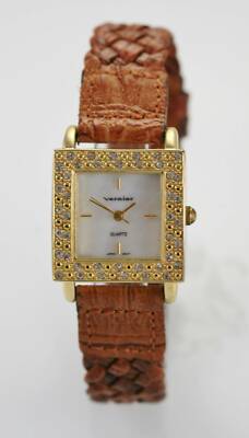 Vernier Uhr Damen Perle Edelstahl Gold Braunes Leder Batterie Quarz