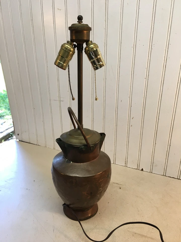 Vtg Antique Copper Water Milk Pail Two Spouts Double Chain Table Lamp Light - Image 3 of 4