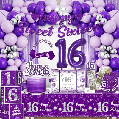 cocomigo 140pcs Sweet 16 Birthday Decorations for Girls Purple - Main Image