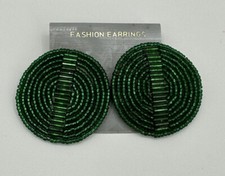 Vintage Emerald Green Beaded Pierced Earrings 1.75  