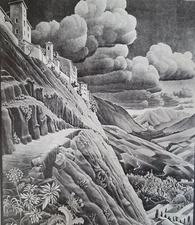 Abruzzo village of CASTROVALVA Italy by M C Escher Realism Landscape 11x7" Print