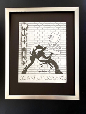 BANKSY + SIGNED '' WORK IS CALLING '' PRINT + NEW FRAME + Ready to Hang
