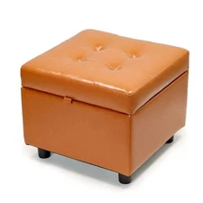 Leather Storage Ottoman Bench Foot Rest Stool Whiskey Brown Cube For Living Room