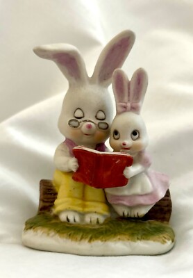 Vintage Lefton Bunny Rabbit Grandfather Girl Reading on Log  Figurine Easter