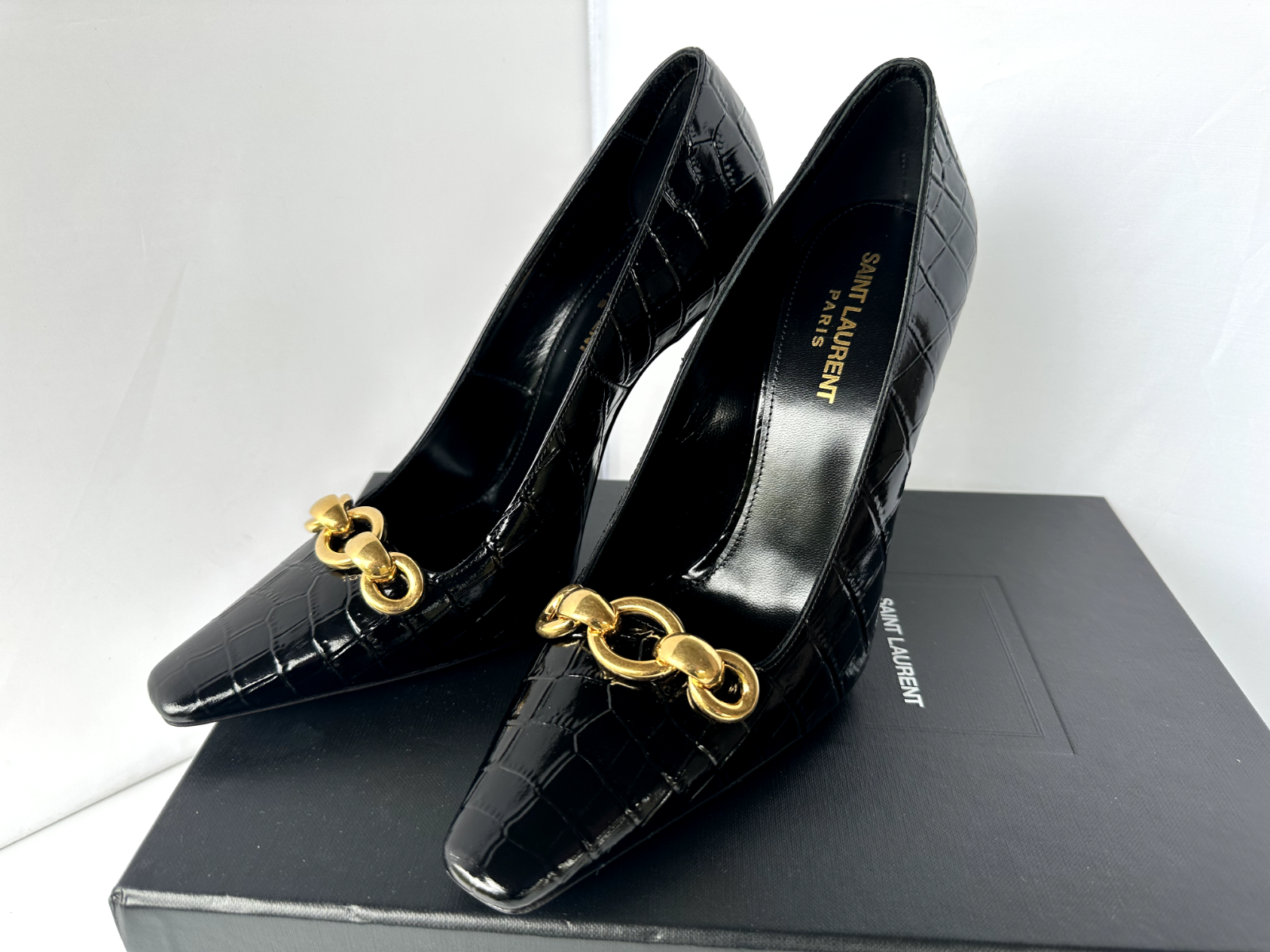 Scarpe nuove YSL Saint Laurent Severine Croc Pump taglia 39 tacco pelle nero