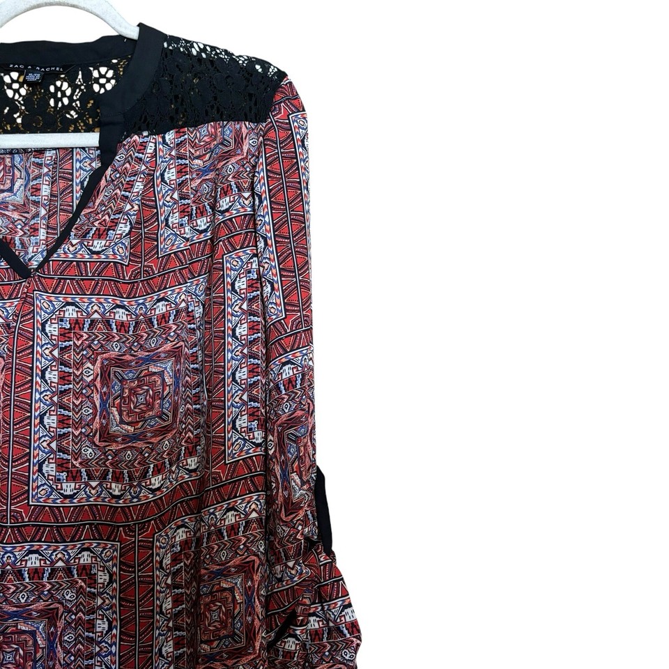 Zac & Rachel Top XL Multicolor Boho Print Roll Tab Sleeves Split Neck ...