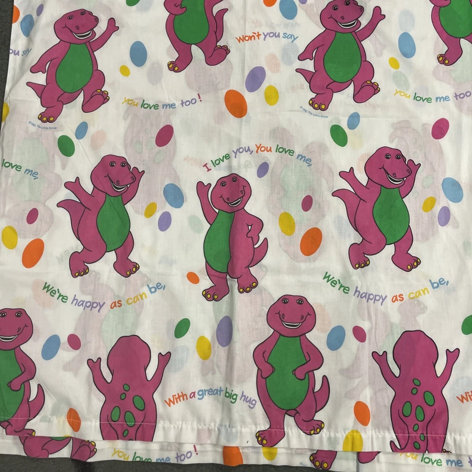 Винтаж 1992 Barney The Dinosaur постельное белье плоский Twin простыня текст с надписью повсюду - Изображение 4 из 4