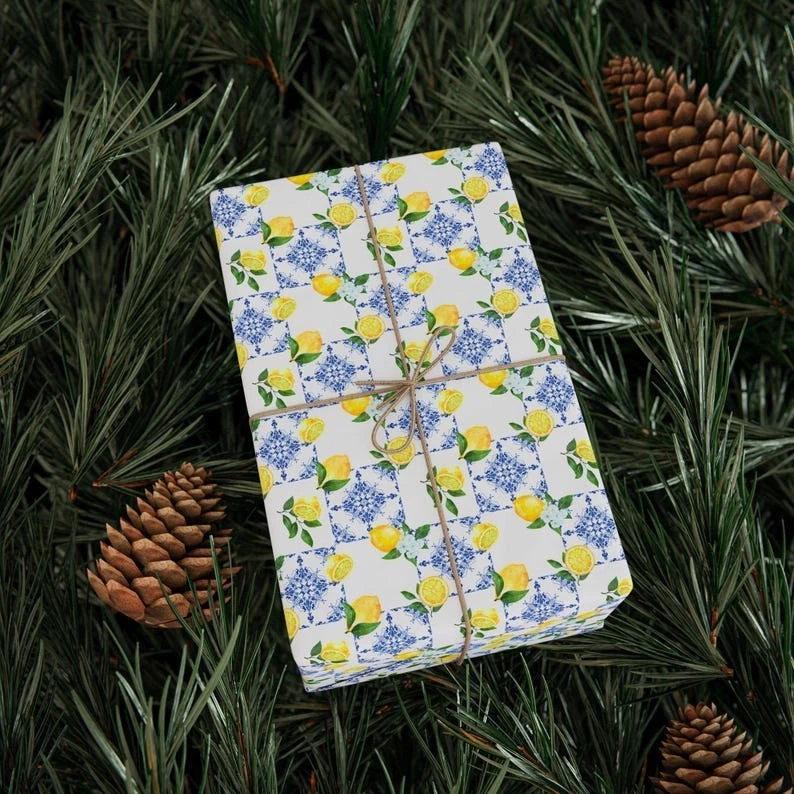 Amalfi Coast Lemon Tile Wrapping Paper - Elegant Mediterranean Gift Wrap