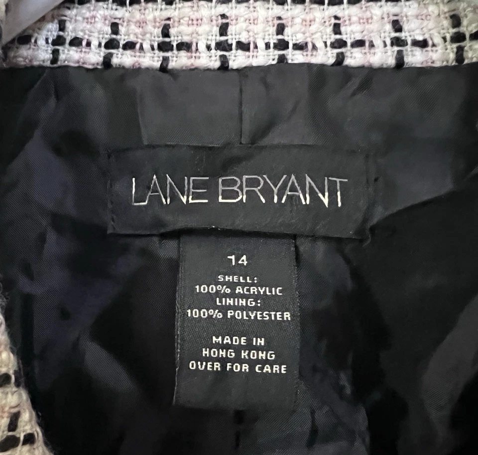 Chaqueta Blazer Vintage Lane Bryant Talla 14 Tweed Negro Blanco Rosa Borde de Flecos Foto 3 de 3
