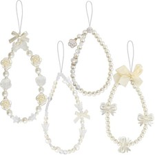 4pcs Beaded Phone Bracelet Straps White Cute Butterfly Bow Knot Flower Phones
