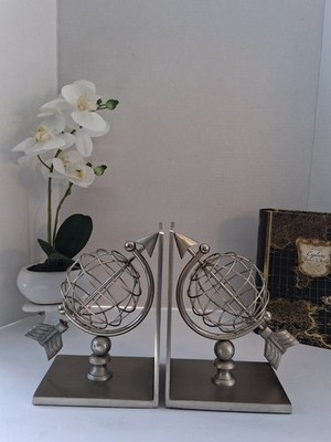  Silver Toned Celestial & Globe Themed Bookends; 2 PC SET! Very Cool Look!