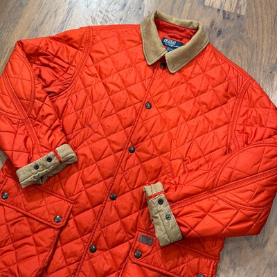 #ad Vintage Polo Ralph Lauren Jacket Mens M Orange Quilted Puffer Utility Chore Coat $98.95