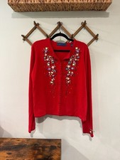 Vintage Karen Scott Red Ribbon Embroidered Floral Knit Cardigan Sweater XL