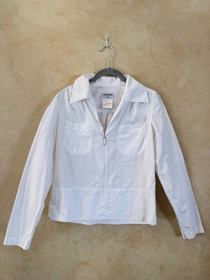 Chanel 100% Cotton White Zip-Up V-Neck Shirt Women s EU Size 38 US Size 6   Good