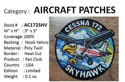 CESSNA 172 - SKYHAWK  - 3  Hook Vel-kro Patch - AC172SHV