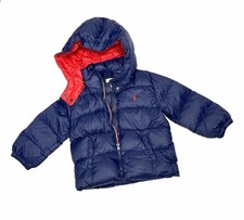 Ralph Lauren Down Puffer Jacket Removable Hood Zip Front Navy Blue Red 24 months