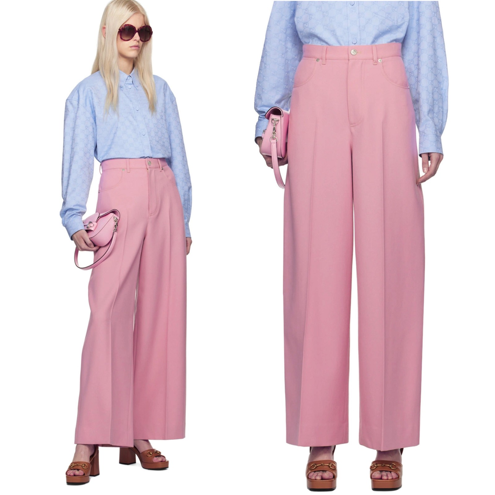 GUCCI PANTS WIDE FIT PINK WOOL PLEAT FRONT TROUSERS w LOGO BUTTON $1,600 38 2 thumbnail 16