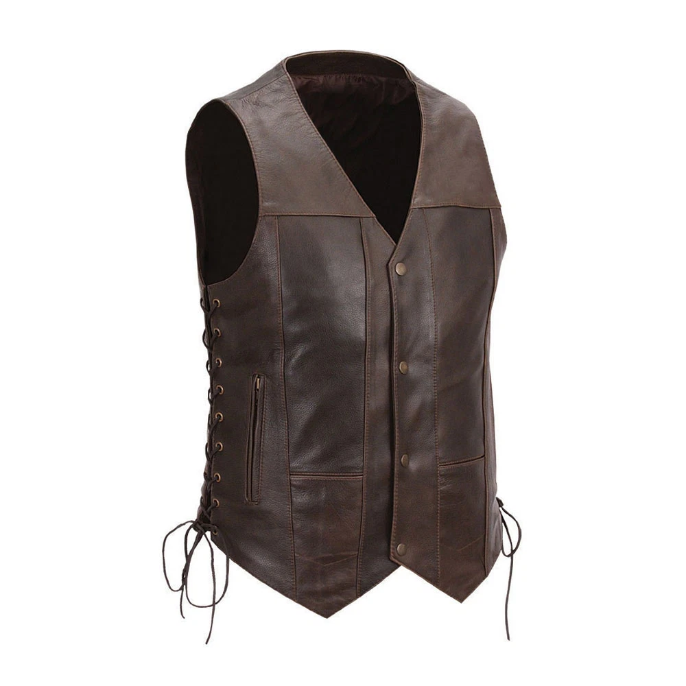 Ten Pockets Brown Leather Motorcycle Vest Side Lace V-Neck Bike Riding Waistcoat