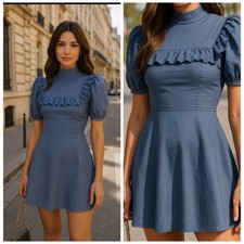 Reformation Bradley Mock Neck Puff Sleeve Mini Dress Blue Morning Glory 12 NWT