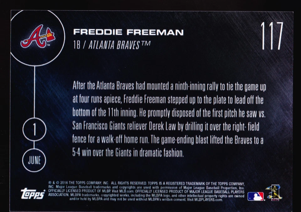 Freddie Freeman Braves Walk-Off Giants in 11th 2016 Topps NOW 117 Chase d'Arnaud - Image 2 of 2