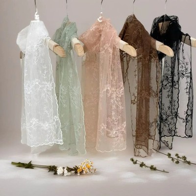 Literary Retro Women's Lace Scarf Long Embroidered Flower Sunscreen Shawl Korean