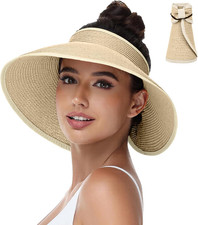 Sun Hats Visor for Women, UV UPF Straw Beach Hat Foldable Wide Brim Ponytail Sum