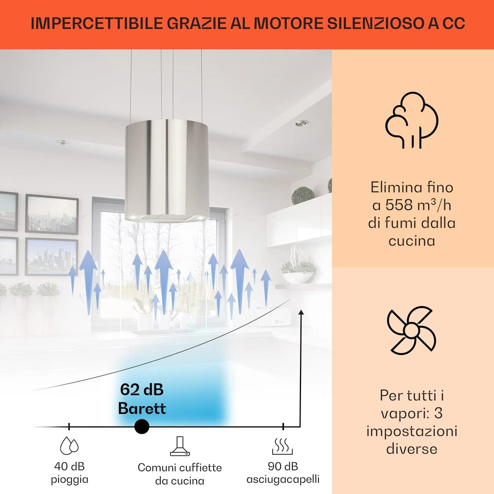 Cappa Sospesa Cucina con LED Flusso d Aria 558m³/h per Isola a Candelabro con - Immagine 3 di 4