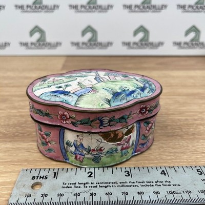 Vintage Chinese Canton Enamel Trinket Box Pink Hand Painted Landscape 3.5in