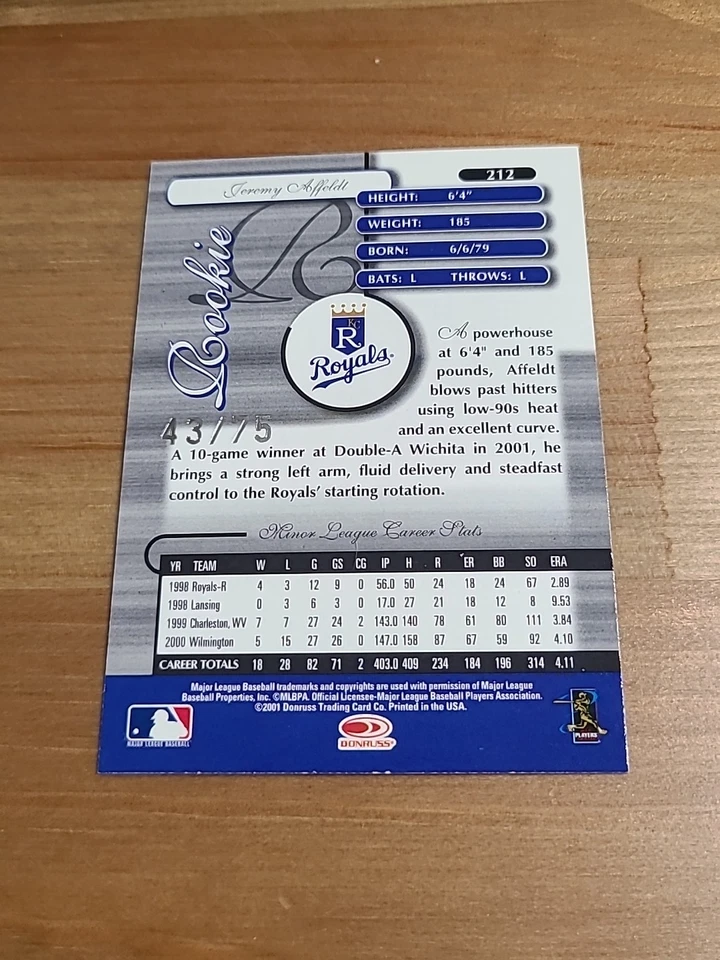 JEREMY AFFELDT 2001 Donruss Elite Recollection #212 SSP Rookie Auto /75 Royals $ - Image 2 of 2