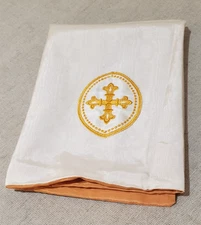 CHALICE VEIL CHURCH ALTAR VESTMENT WHITE SILK GOLD SATIN FLEUR DE LIS CROSS