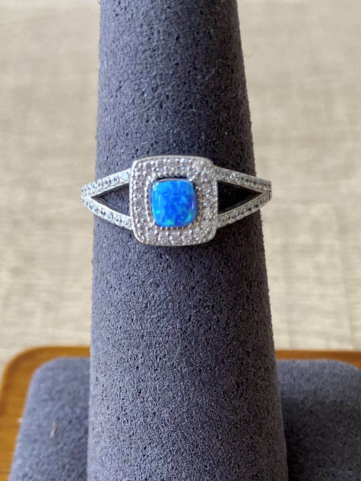 Blue Opal Cubic Zirconia 925 Sterling Silver Square Ring for Women  