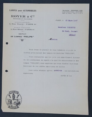 Invoice 1927 LAMPS FOR AUTOMOBILE PHILIPS ROYER PARIS old bill invoice 8