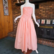 Vtg 80s Peach Pleated Victor Costa Strapless Formal Evening Dress Ball Gown S/M