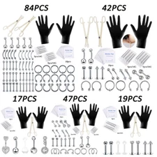 84PCS Professional Belly Tongue Tragus Nipple Lip Nose Ring Piercing Kit 14G 16G