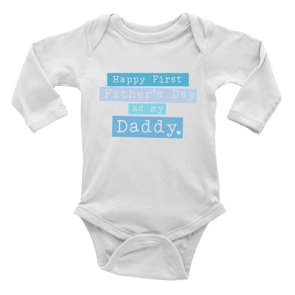 Happy First Father's Day As My Daddy - Blue Long Sleeve Baby Grow Vest Bodysuit