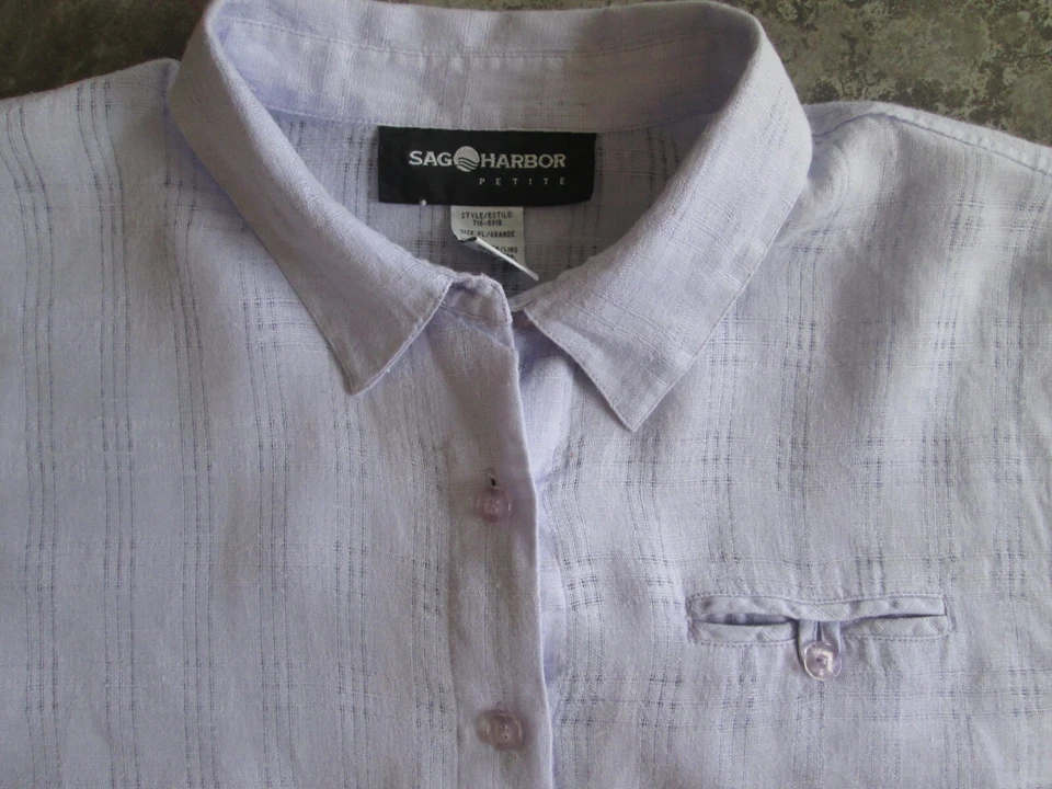 Sag Harbor Petite Large Shirt Purple Blouse 100% Linen Pulled Thread Flax Button - Image 2 of 4