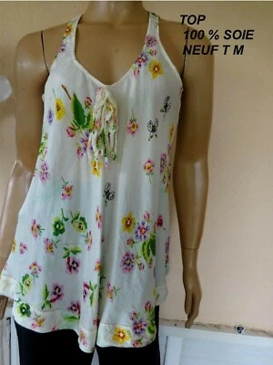 TUNIQUE 100 % SOIE DEBARDEUR BLANC FLEURIE * SOUN * SANS MANCHES NEUVE T40/42 - Photo 1/4